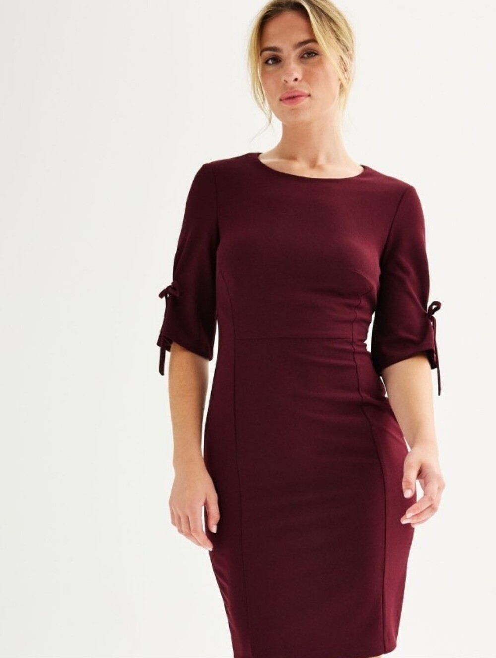 connected apparel Burgundy Sheath Dress with Tie Sleeves